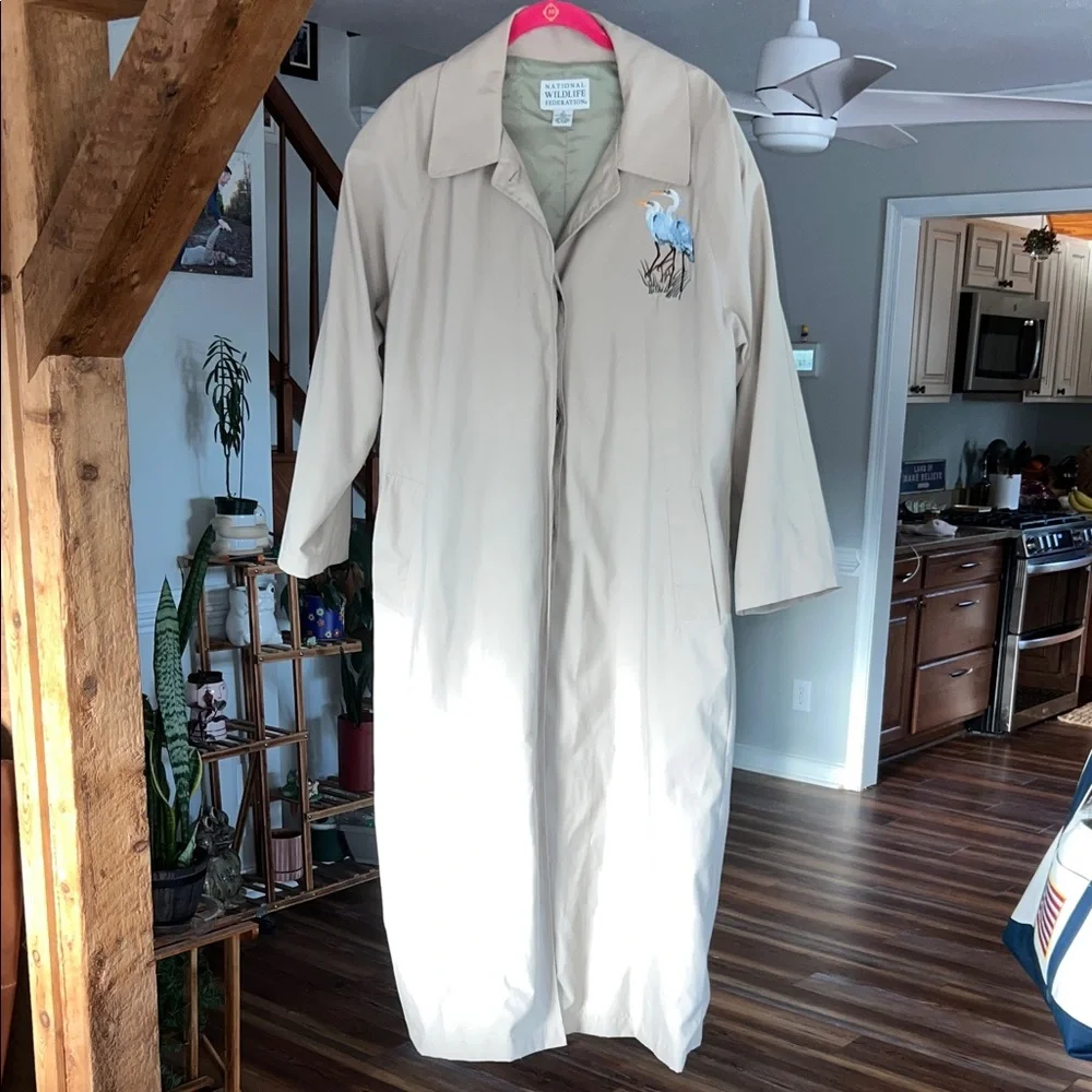 National Wildlife Federation Trench Coat Lined Embroidered Herons Tan Medium - Picture 2 of 12